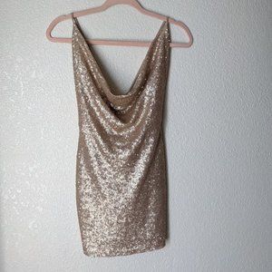 Gold Sequin Bodycon Mini Dress with Cross Back and Cowl Neck